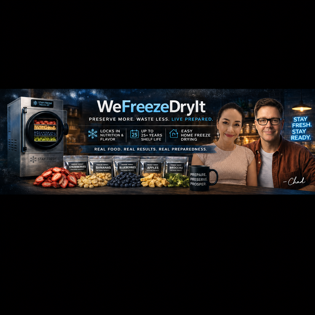 Chad from WeFreezeDryIt with Stay Fresh freeze dryer and freeze dried fruits including strawberries bananas blueberries apples and broccoli